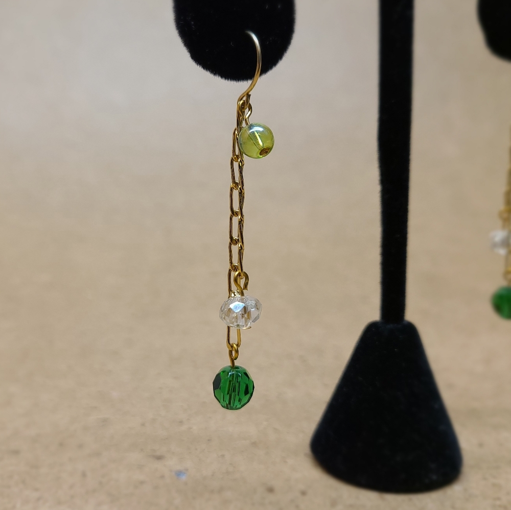 Clear crystal and green glass with green Peridot beeds Goldfield Earrings 2-3/4"